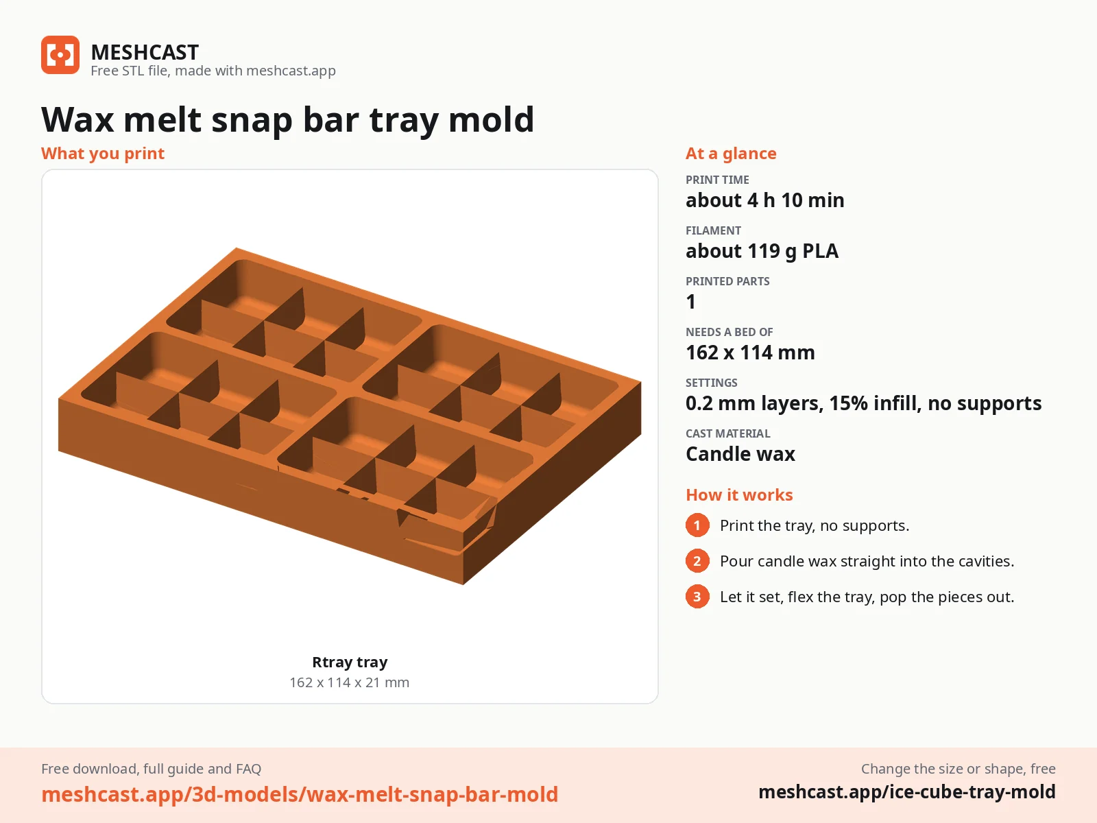 Wax melt snap bar tray mold at a glance: every printed part with its size, print time, filament, print settings and the three steps to use it