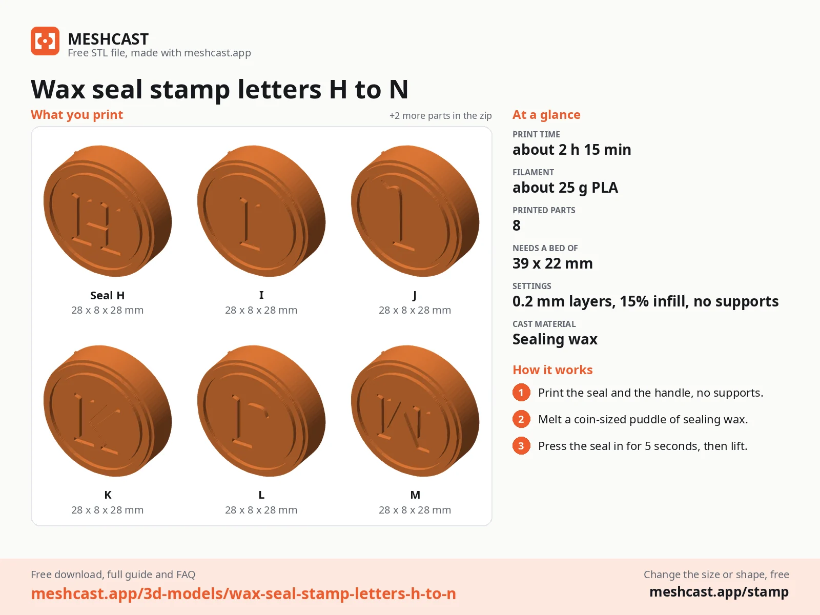 Wax seal stamp letters H to N at a glance: every printed part with its size, print time, filament, print settings and the three steps to use it