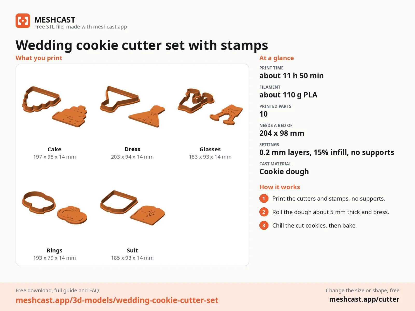 Wedding cookie cutter set with stamps at a glance: every printed part with its size, print time, filament, print settings and the three steps to use it