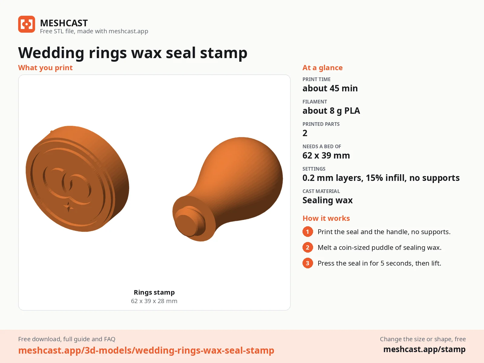 Wedding rings wax seal stamp at a glance: every printed part with its size, print time, filament, print settings and the three steps to use it