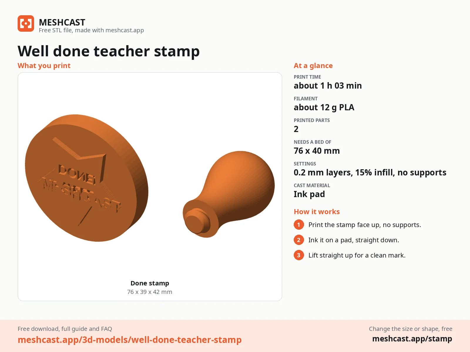 Well done teacher stamp at a glance: every printed part with its size, print time, filament, print settings and the three steps to use it