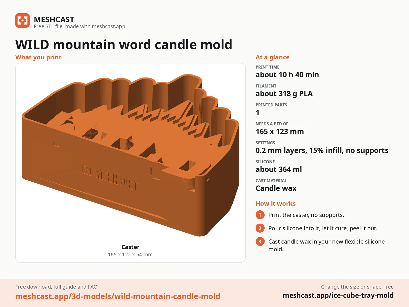 WILD mountain word candle mold at a glance: every printed part with its size, print time, filament, print settings and the three steps to use it