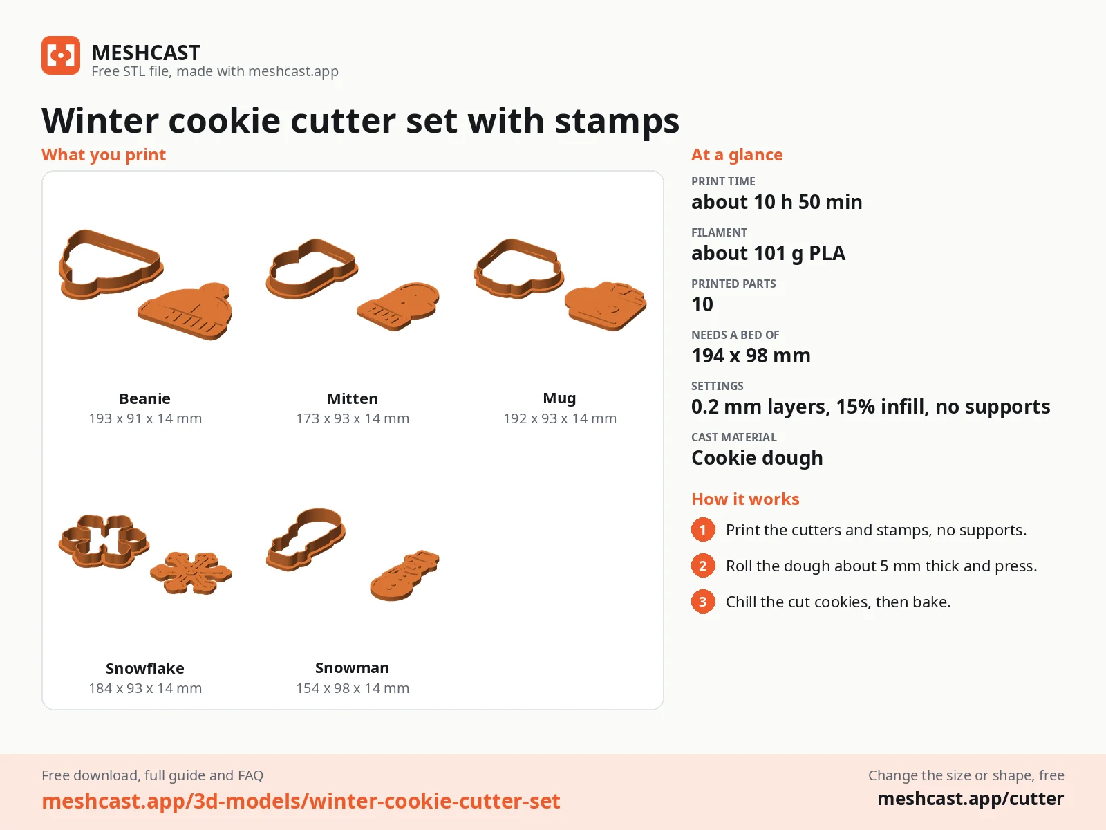 Winter cookie cutter set with stamps at a glance: every printed part with its size, print time, filament, print settings and the three steps to use it