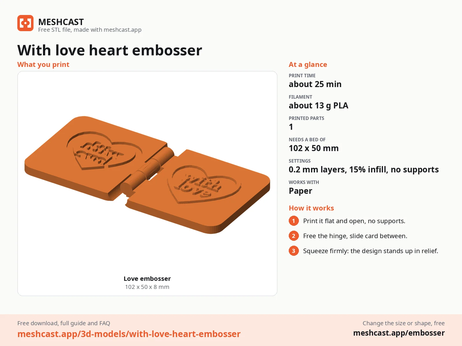 With love heart embosser at a glance: every printed part with its size, print time, filament, print settings and the three steps to use it