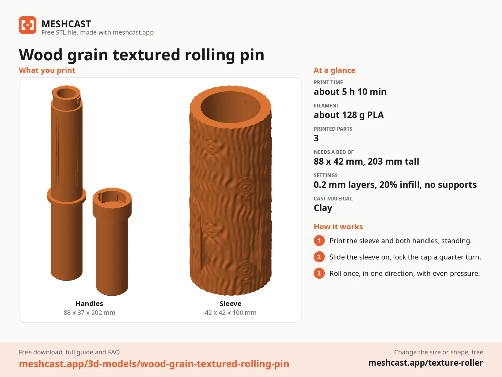 Wood grain textured rolling pin at a glance: every printed part with its size, print time, filament, print settings and the three steps to use it