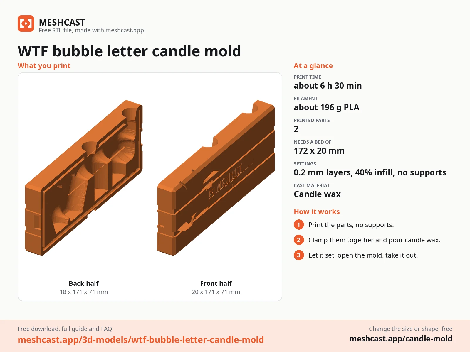 WTF bubble letter candle mold at a glance: every printed part with its size, print time, filament, print settings and the three steps to use it