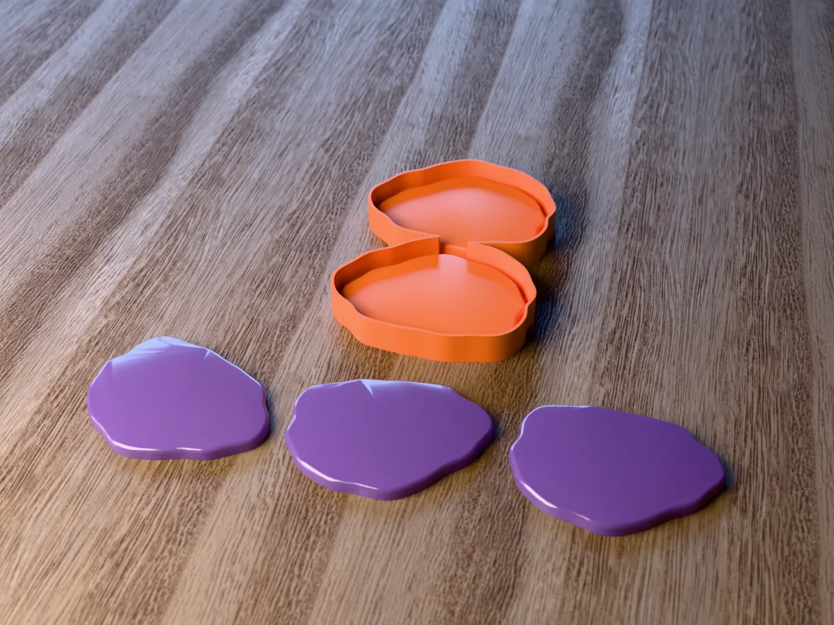 3D render of the printed caster for a two-cavity agate slice resin coaster mold, with three glossy purple irregular stone shaped resin coasters in front