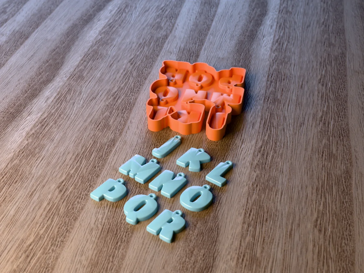 3D render of the printed caster for an alphabet resin keychain mold with the letters J to R, and nine light blue bubble letter keychains with ring tabs in front