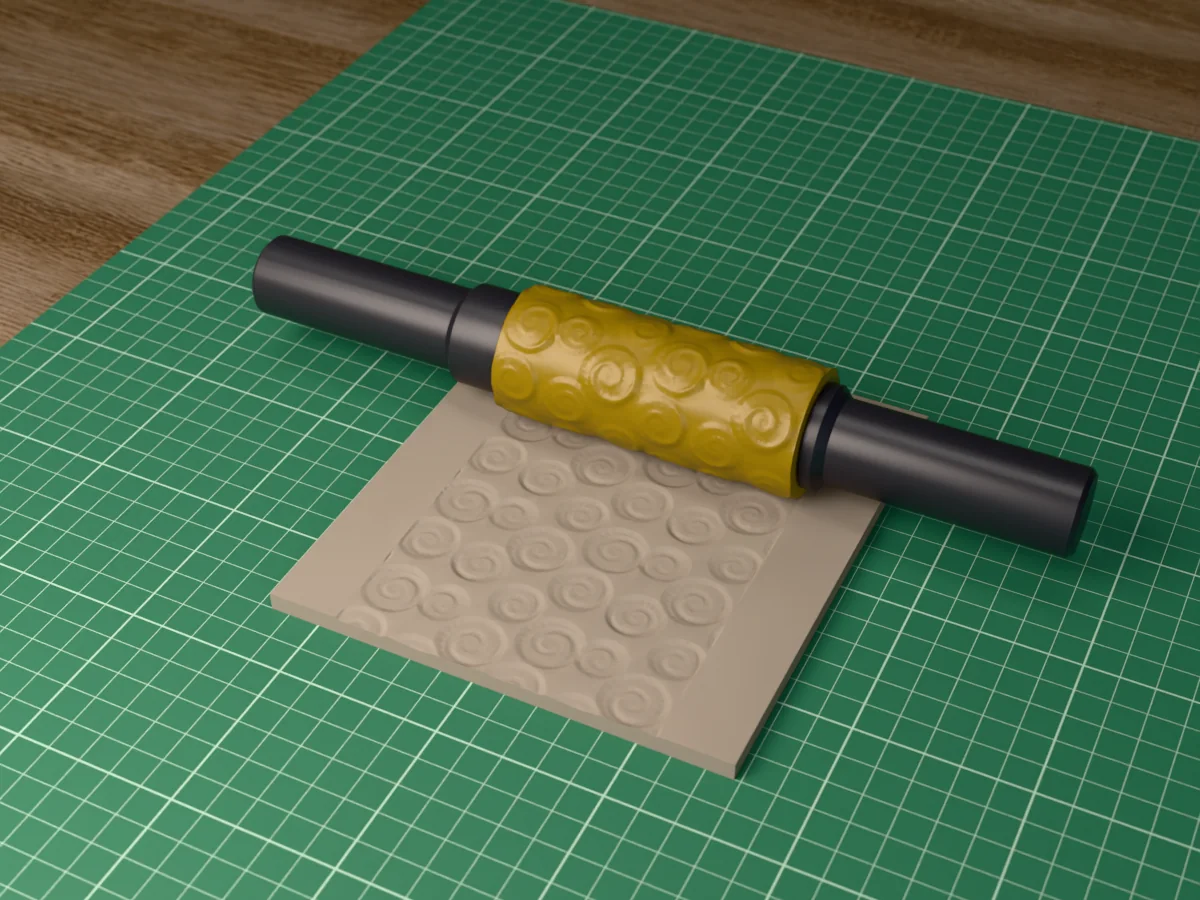 3D render of the printed ammonite fossil textured rolling pin, its patterned sleeve between two dark handles, resting on a slab of clay it has pressed with ammonite fossils