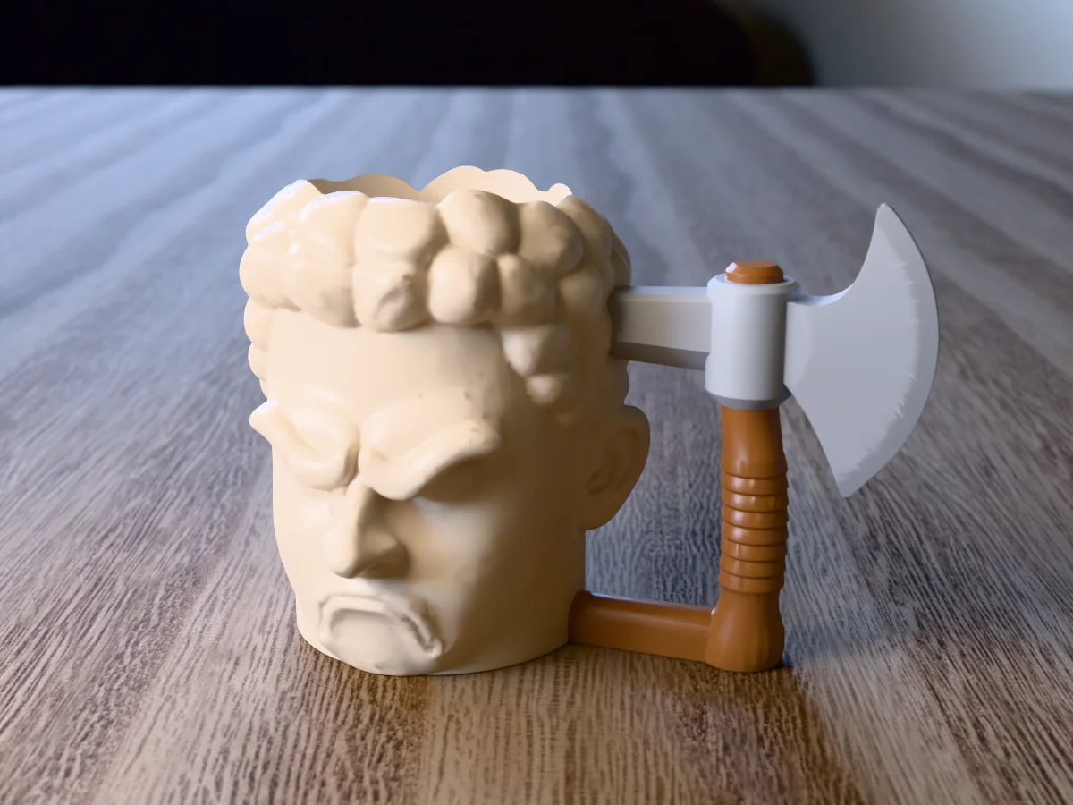 3D render of a 3D-printed angry viking beer can holder, a cartoon head made with the head generator