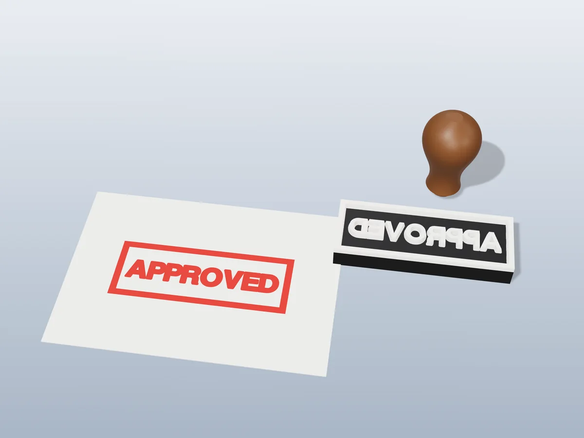 3D render of the printed approved stamp, face up next to its brown handle, and its red ink print on a sheet of paper