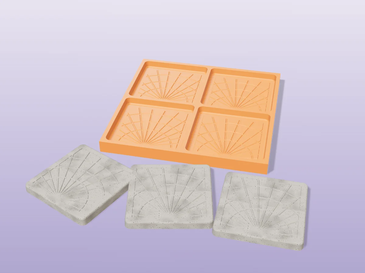 3D render of a printed orange tray with four square sunburst coaster cavities, and three grey concrete art deco coasters in front