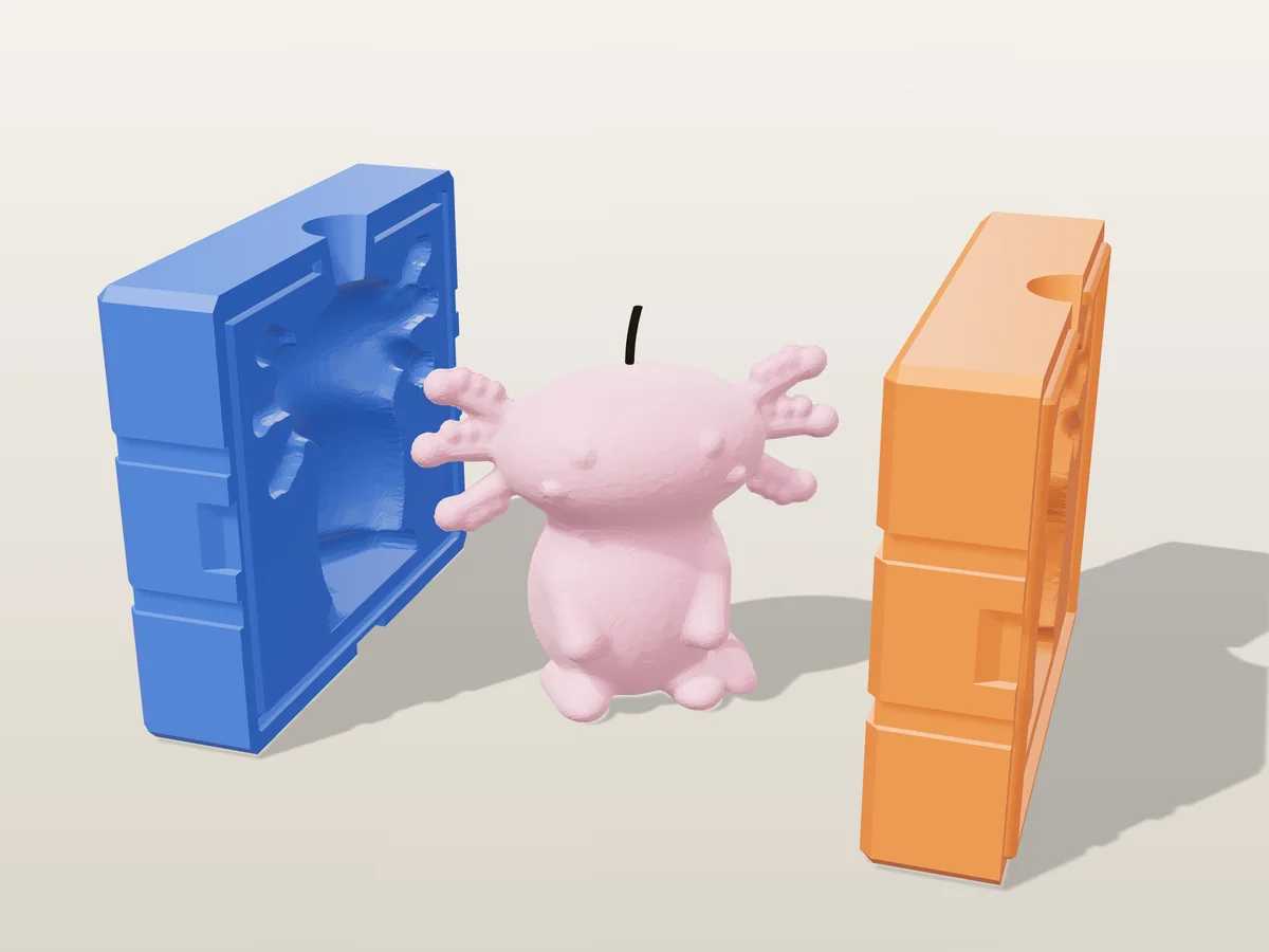 3D render of a pink axolotl candle with frilly gills and a smile between the two printed halves of its rigid blue and orange mold