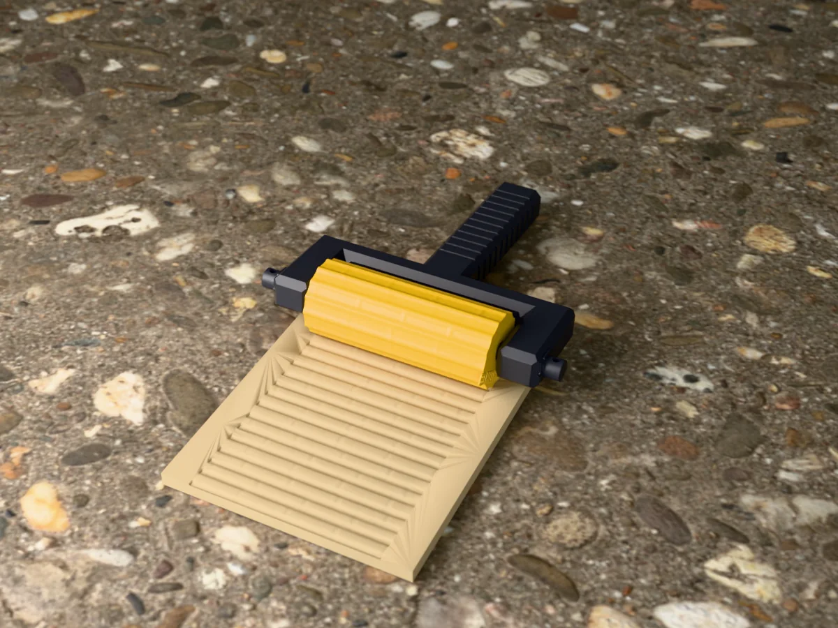 3D render of the printed bamboo texture roller in its dark fork handle, resting on a slab of clay it has pressed with bamboo canes