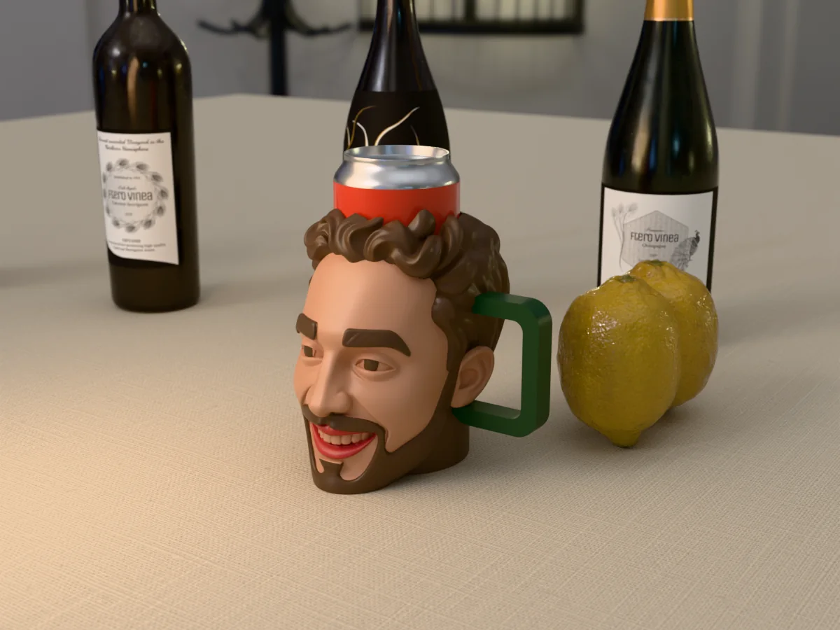 3D render of a 3D-printed head can holder of a smiling guy with curly brown hair and a full beard, painted in 5 colours, on a table