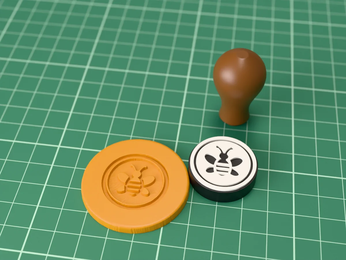 3D render of the printed bee wax seal stamp, face up next to its brown handle, and a round wax seal it has pressed