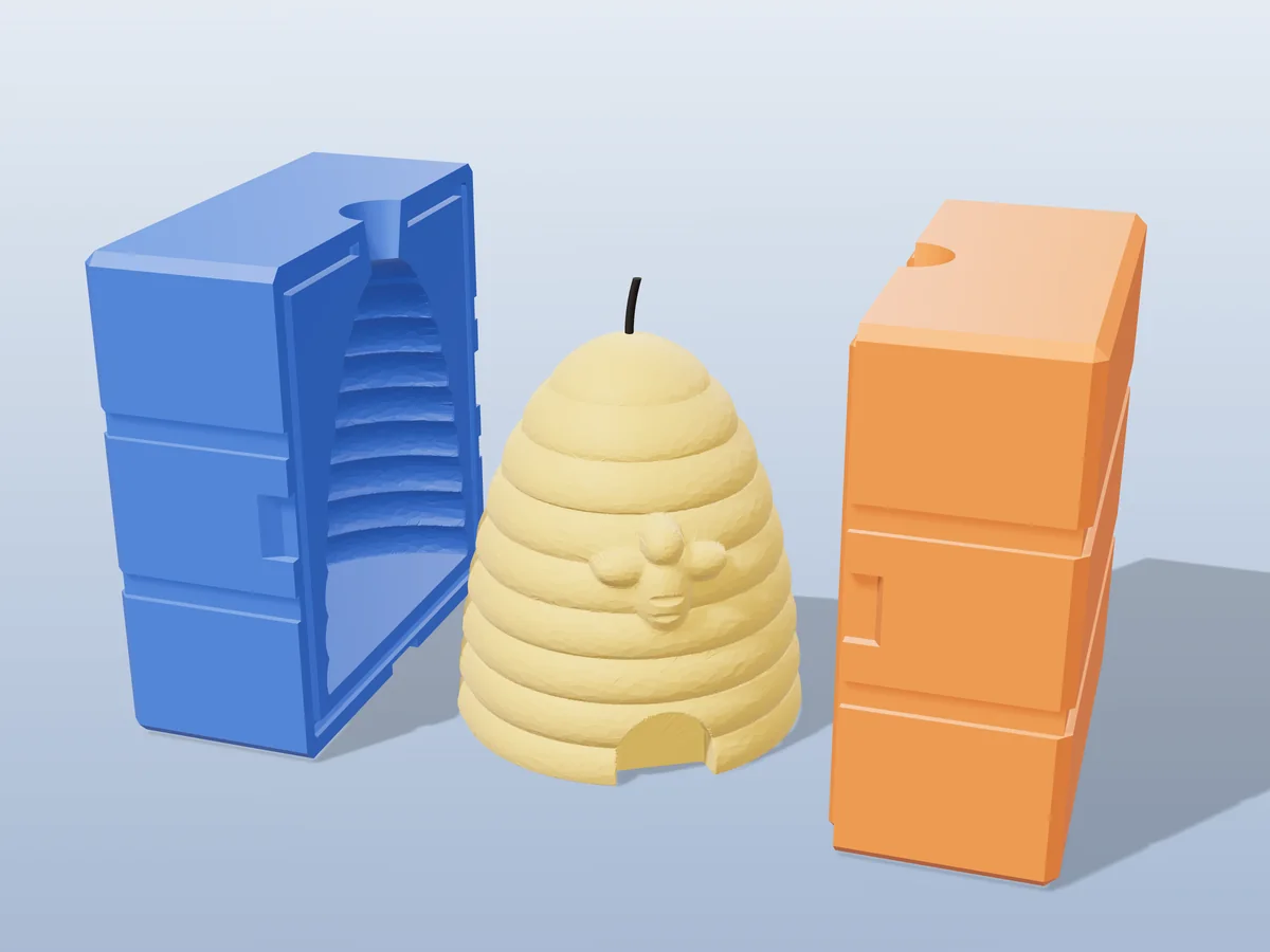 3D render of a honey-coloured beehive candle with a bee and an arched door between the two printed halves of its rigid blue and orange mold