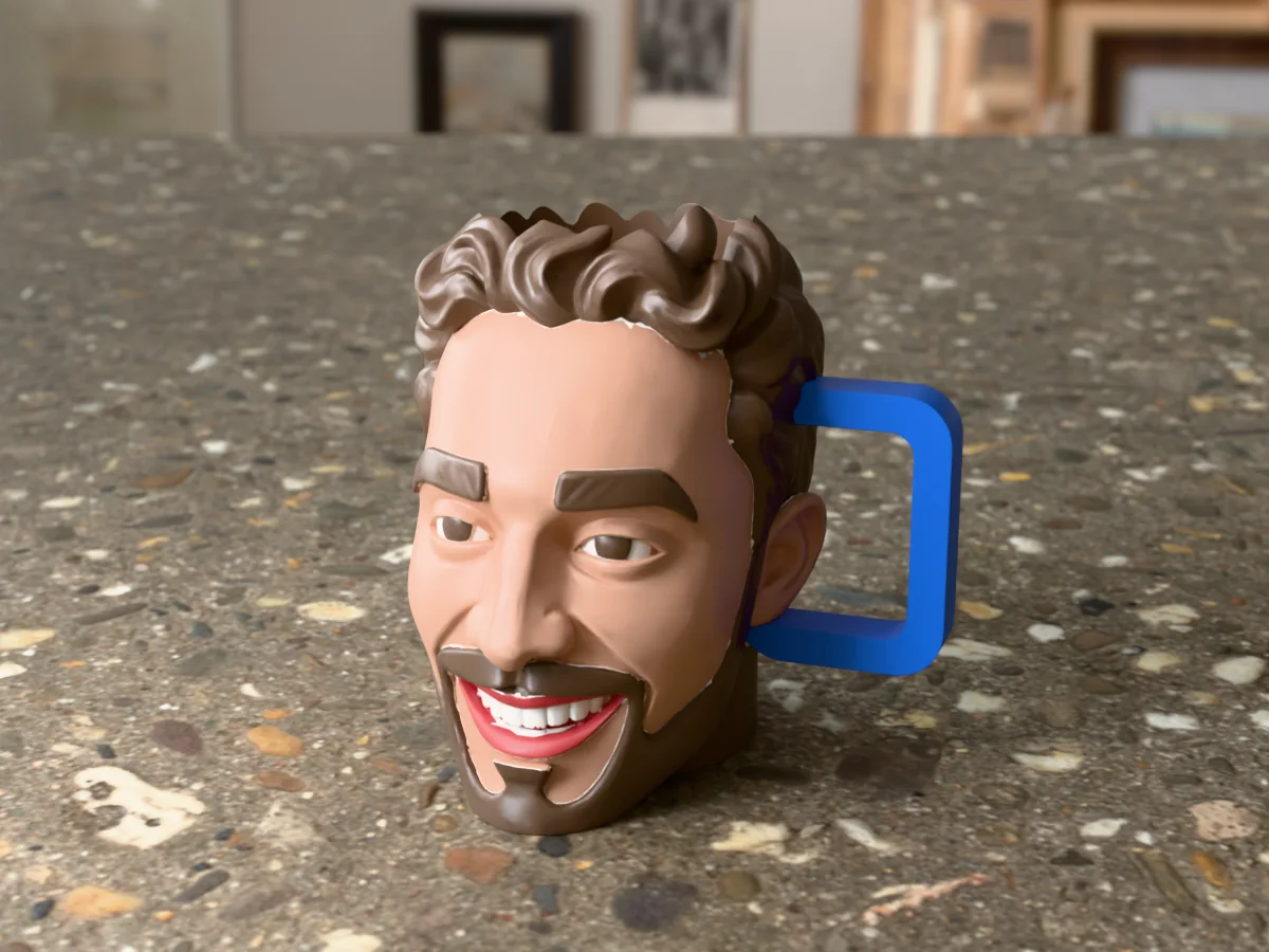 3D render of a 3D-printed beer buddy can holder, a cartoon head made with the head generator