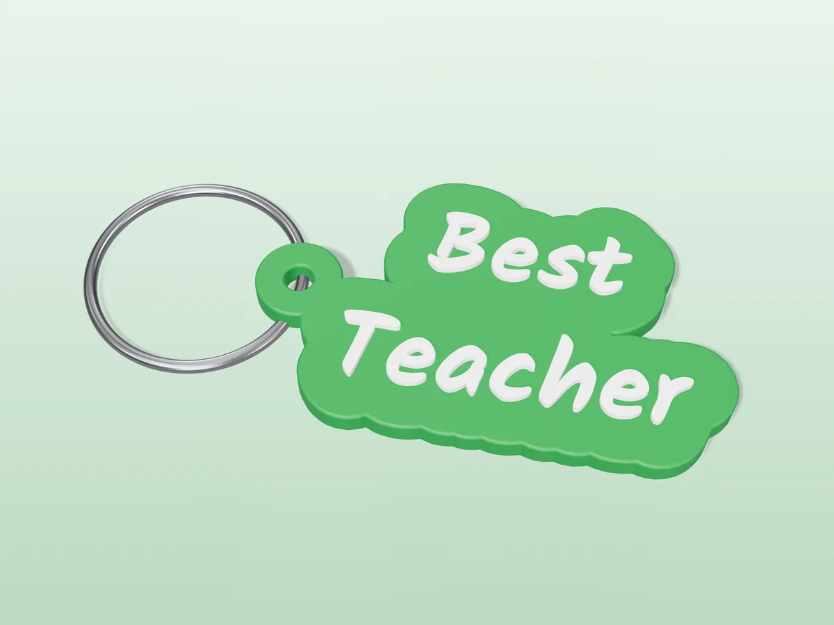 3D render of a green and white 3D-printed Best teacher keychain with a steel split ring through its hole