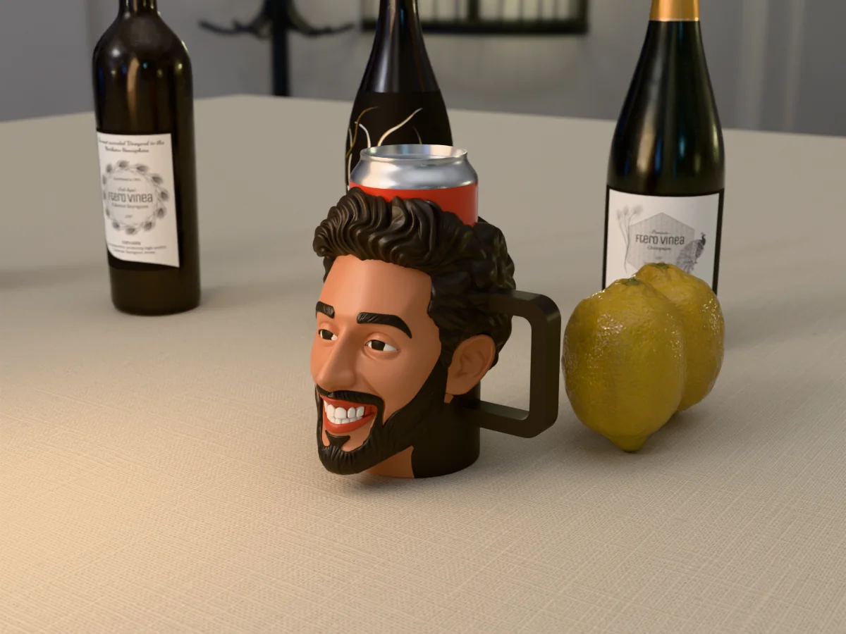 3D render of a 3D-printed head can holder of a guy with short black hair and a trimmed black beard, painted in 5 colours, on a table