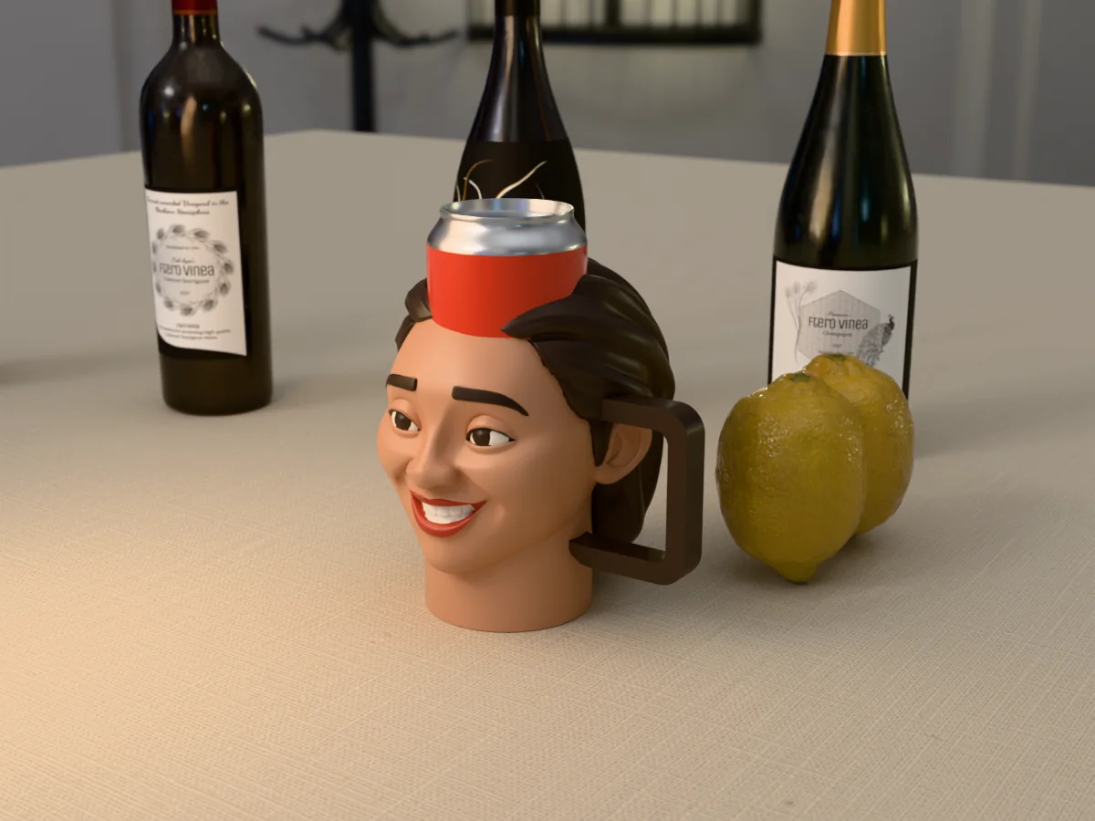 3D render of a 3D-printed head can holder of a smiling woman with a dark bob, painted in 6 colours, on a table