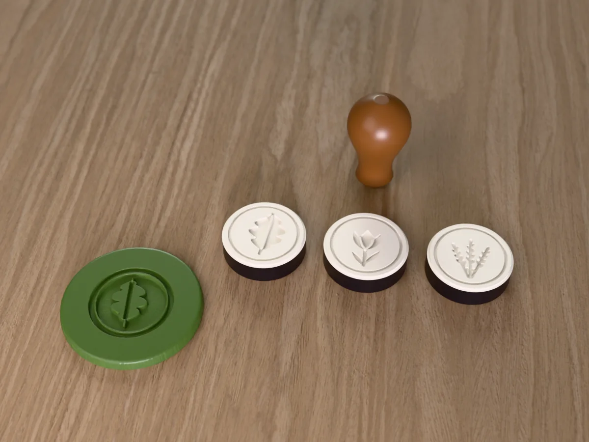 3D render of printed wax seal stamp plates with an oak leaf, a tulip and a sprig of lavender, face up beside their brown handle, and a round wax seal pressed with an oak leaf
