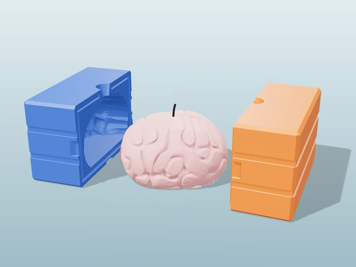 3D render of a pink brain candle with winding folds between the two printed halves of its rigid blue and orange mold