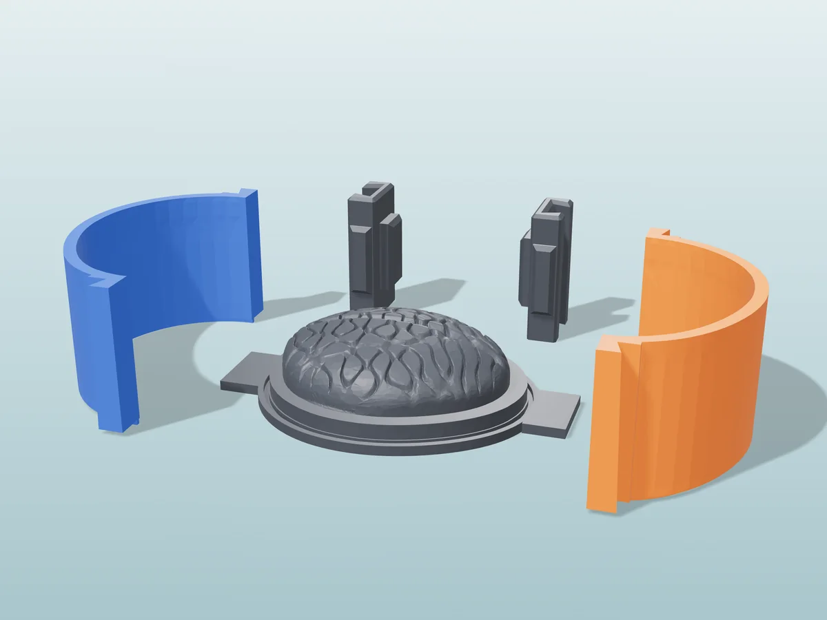 3D render of the brain soap master fused on its printed charcoal base, between the orange and blue walls, with the charcoal clamps behind