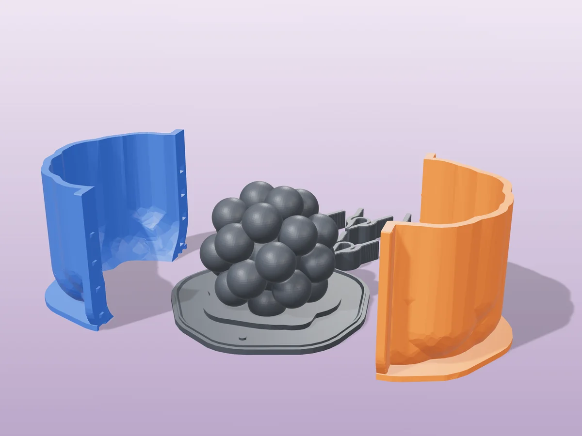 3D render of the bubble orb master fused on its printed charcoal base, between the orange and blue hugging shell halves