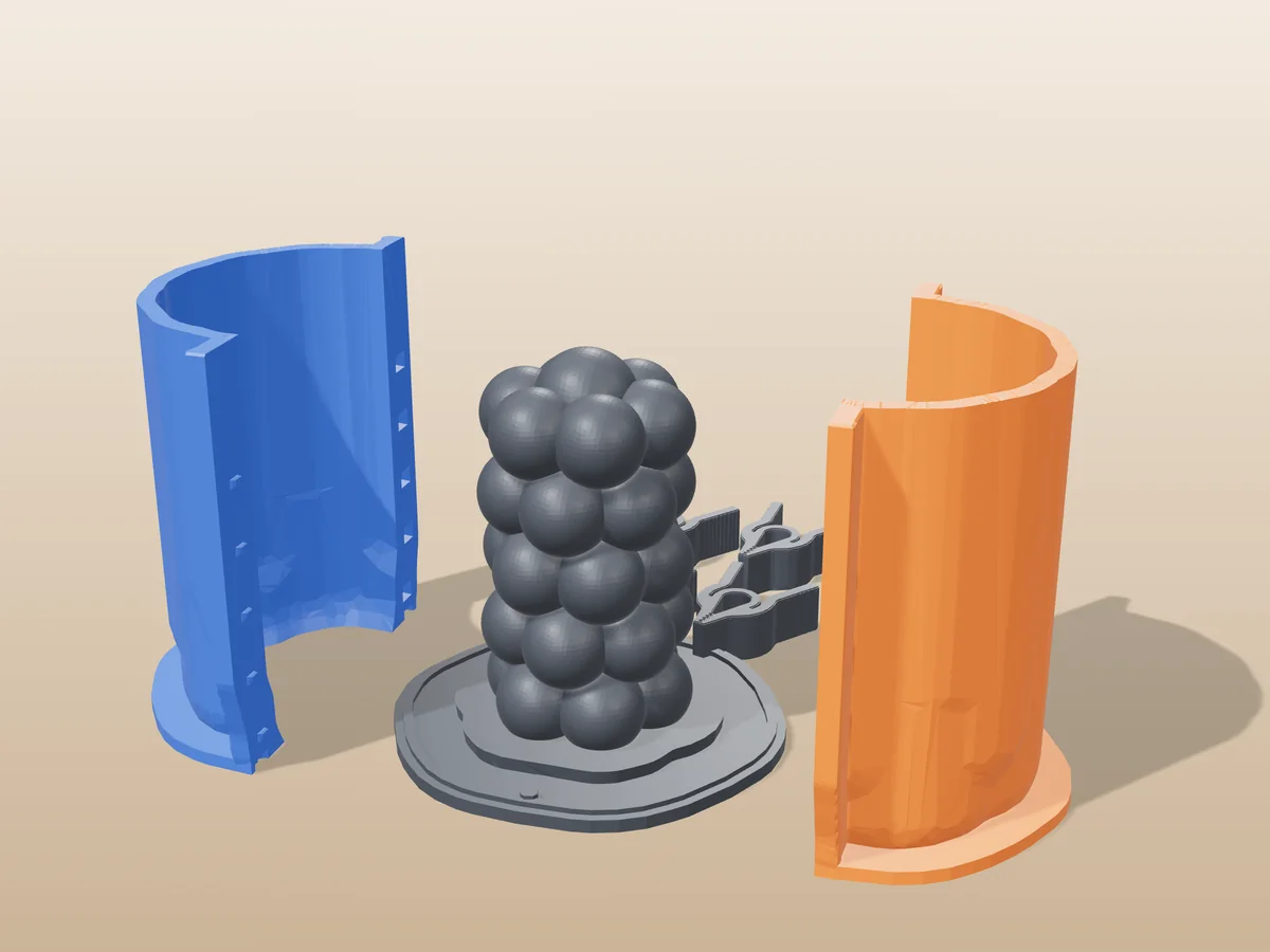 3D render of the round bubble pillar master fused on its printed charcoal base, between the orange and blue hugging shell halves