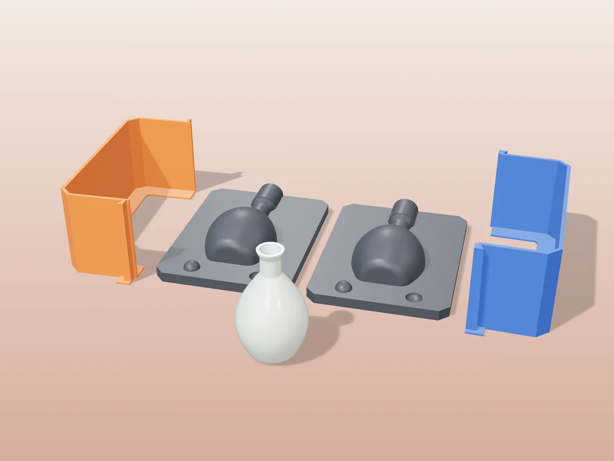 3D render of two printed plaster-mold housings for a bud vase, orange and blue shells beside charcoal bases, with a pale green fired bud vase in front