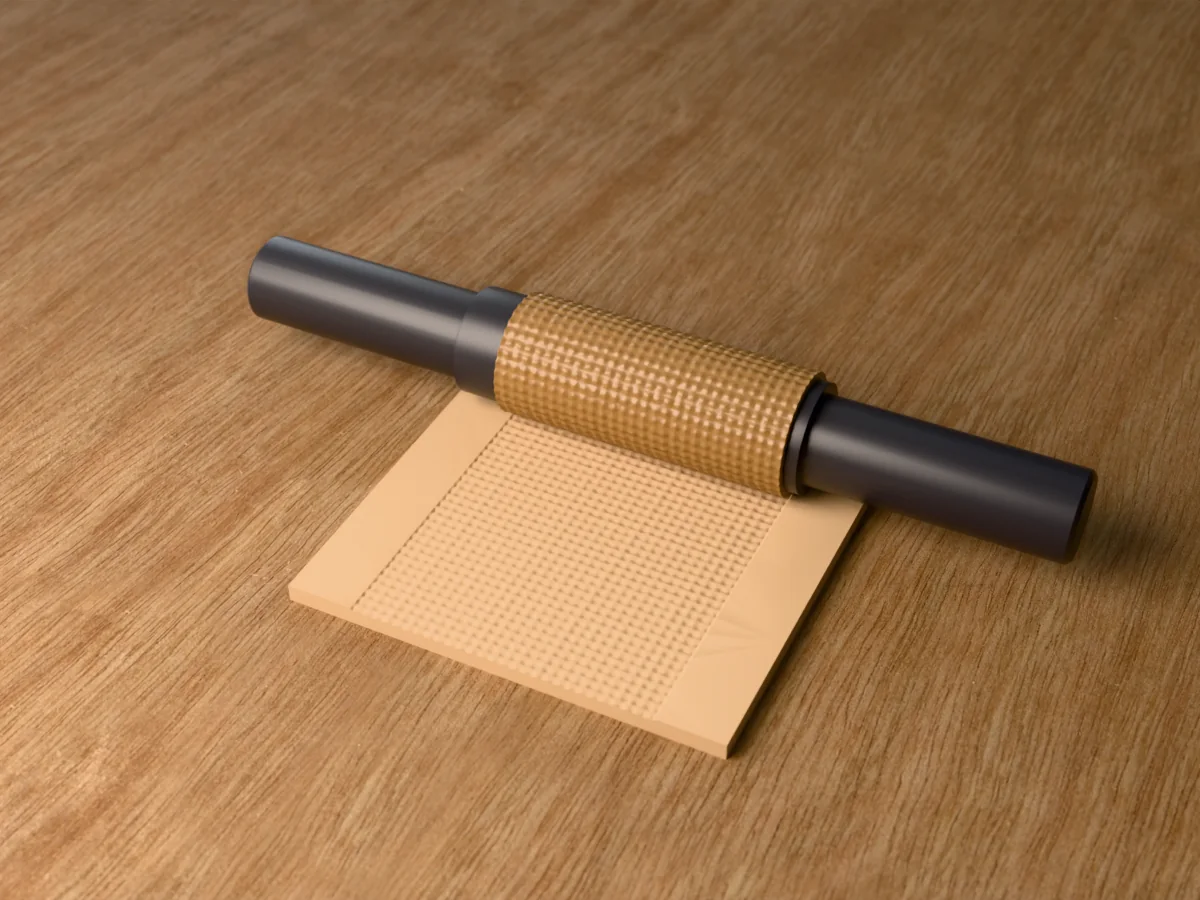 3D render of the printed burlap textured rolling pin, its patterned sleeve between two dark handles, resting on a slab of clay it has pressed with burlap weave