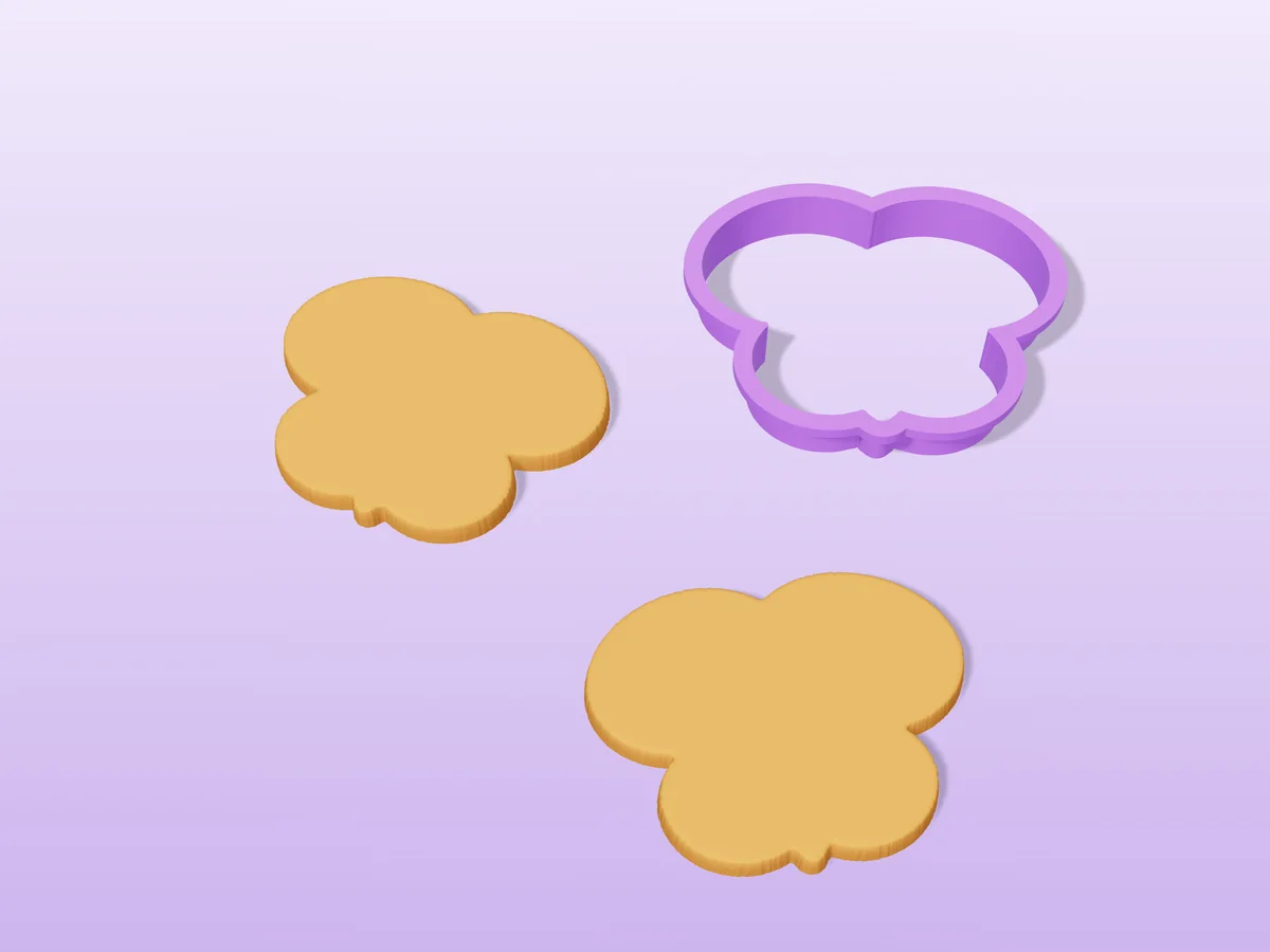 3D render of a purple 3D-printed butterfly cookie cutter next to two golden baked cookies in the same shape