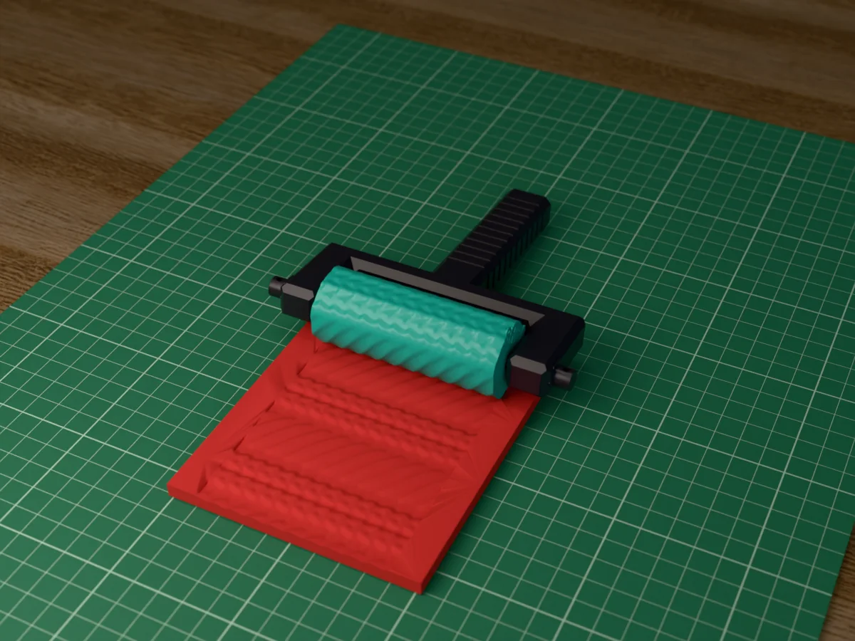3D render of the printed cable knit texture roller in its dark fork handle, resting on a slab of clay it has pressed with a cable knit