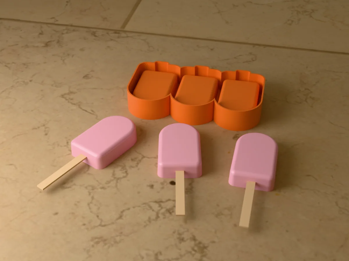 3D render of the printed caster for a three-cavity silicone cakesicle mold, with three pink cakesicles on wooden sticks in front