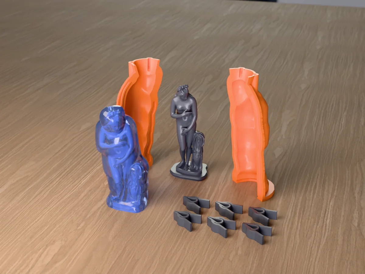 3D render of the Capitoline Venus master on its printed charcoal base between the two orange hugging-shell halves, with the six printed clamps and the cured translucent blue silicone mold in front