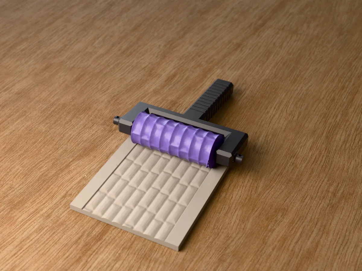 3D render of the printed castle wall texture roller in its dark fork handle, resting on a slab of clay it has pressed with dressed castle stonework