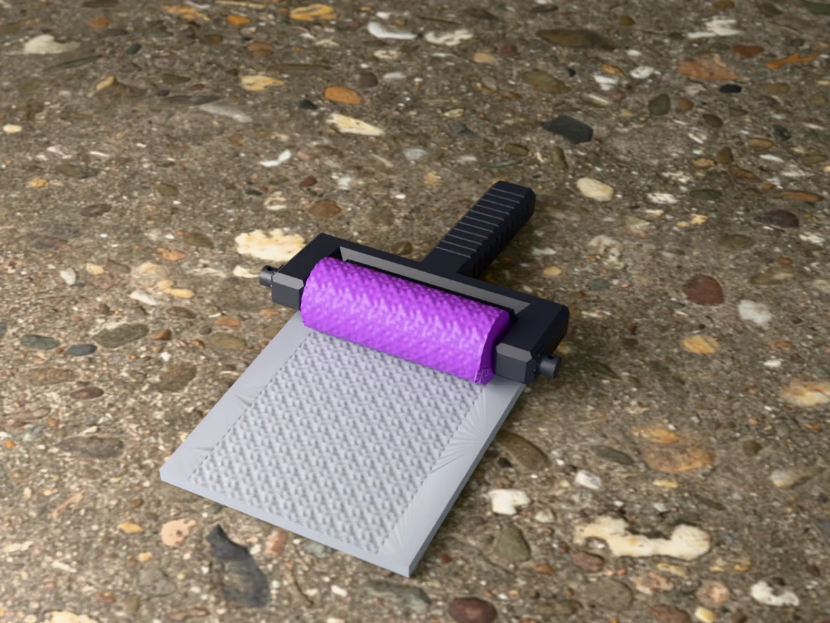 3D render of the printed chainmail texture roller in its dark fork handle, resting on a slab of clay it has pressed with chainmail