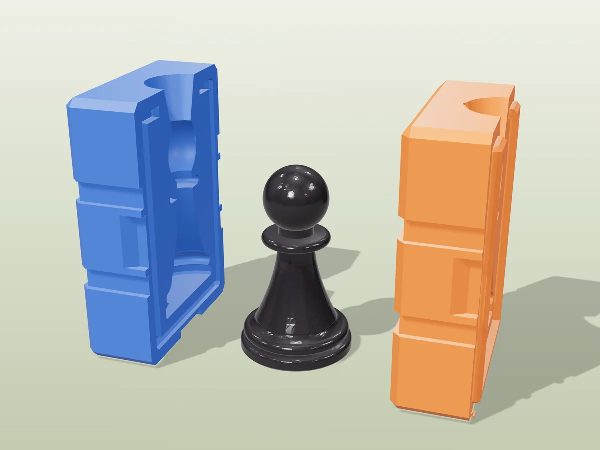 3D render of a glossy black resin chess pawn between the two printed halves of its rigid orange and blue mold