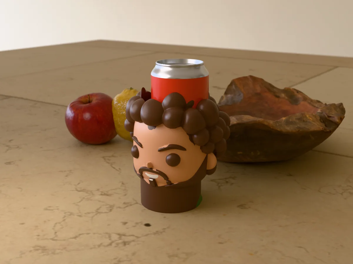 3D render of a 3D-printed head can holder of a big-eyed chibi version of a bearded guy with curly hair, painted in 6 colours, on a table