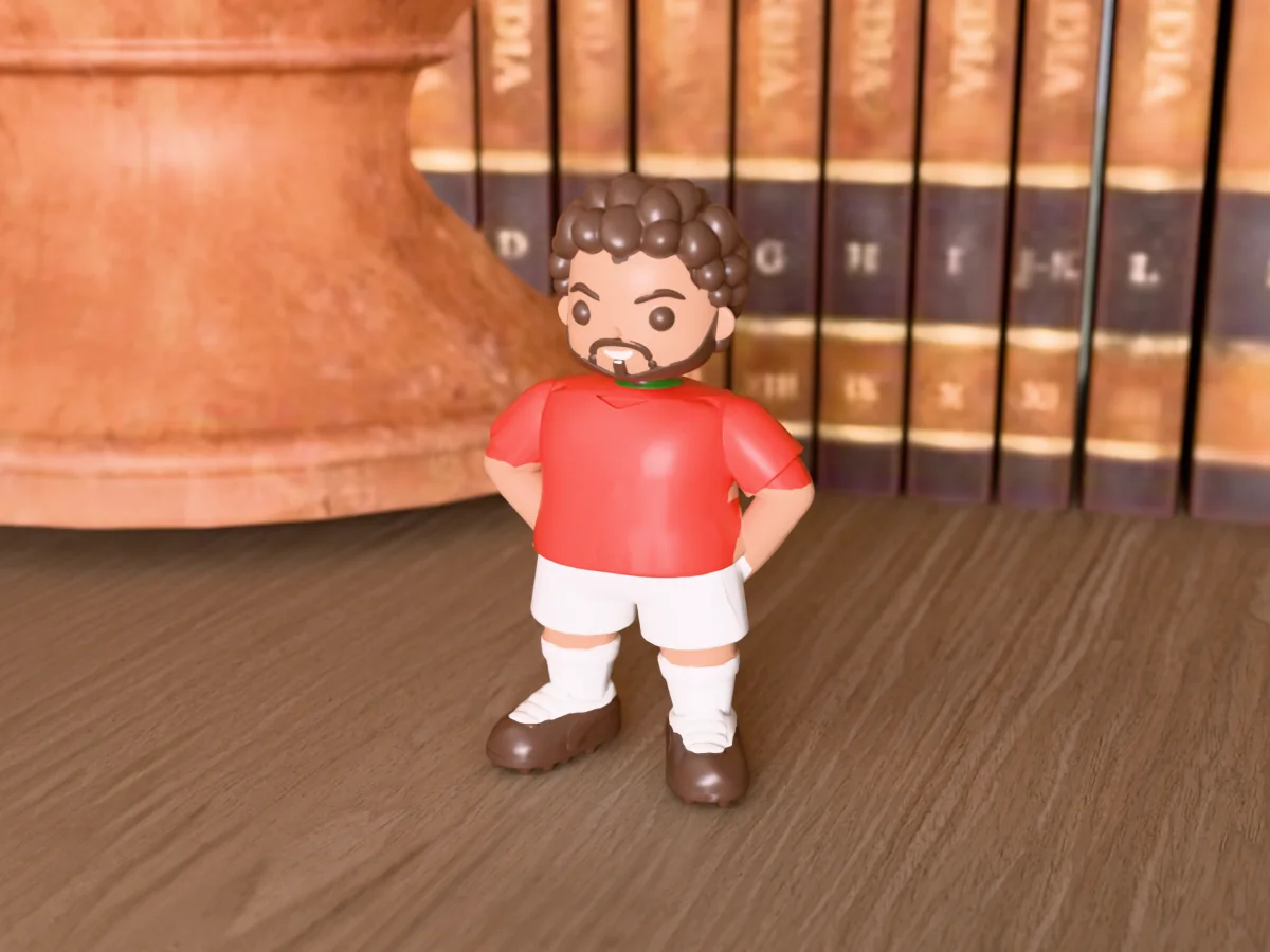 3D render of a 3D-printed mini figure of a big-eyed chibi version of a bearded guy with curly hair, painted in 6 colours, on a table
