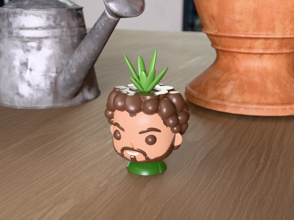 3D render of a 3D-printed head planter of a big-eyed chibi version of a bearded guy with curly hair, painted in 6 colours, on a table