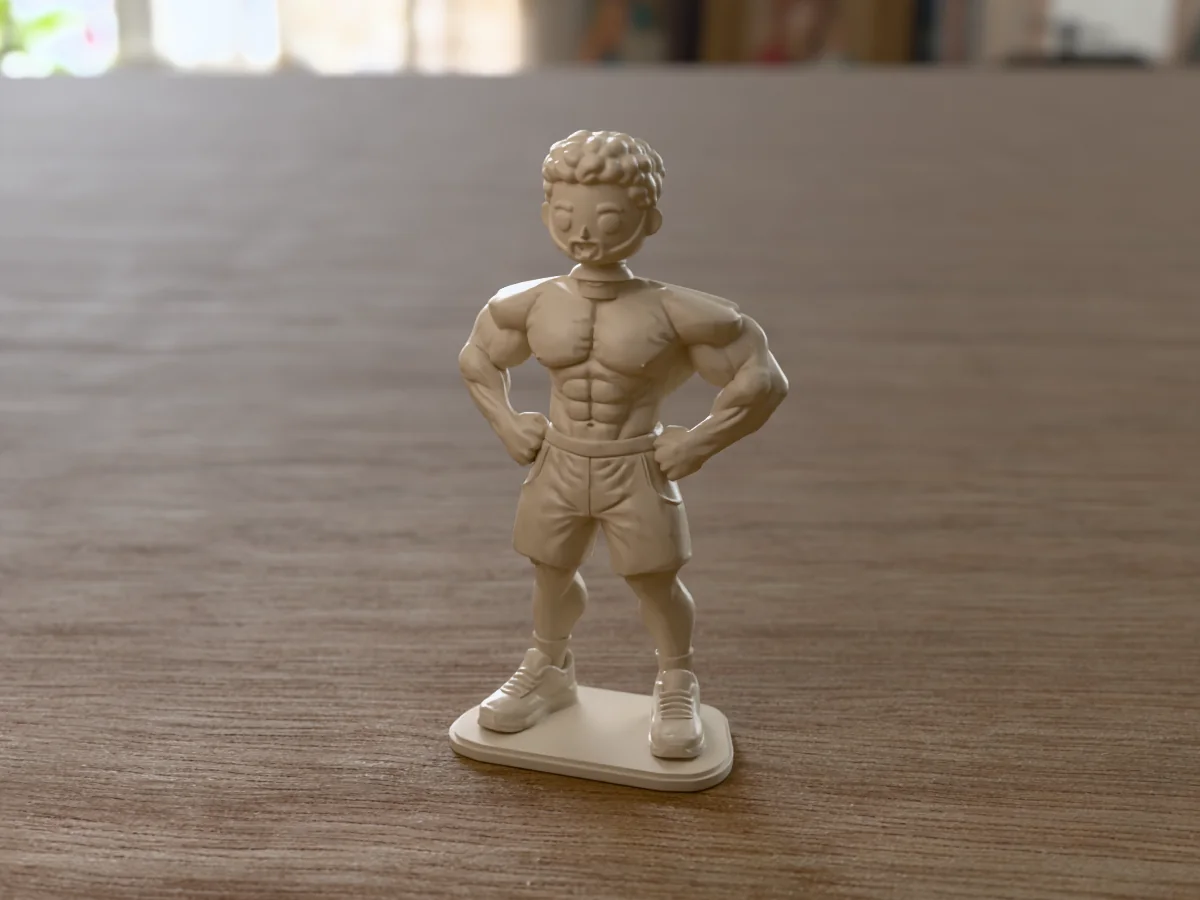 3D render of a 3D-printed chibi bodybuilder mini figure, a cartoon head made with the head generator