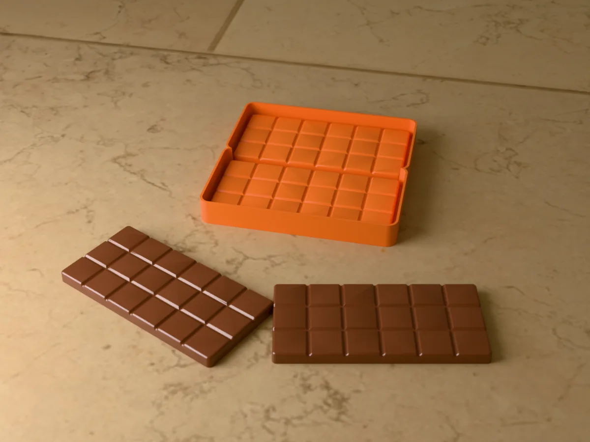 3D render of the printed caster for a two-bar silicone chocolate bar mold, with two milk chocolate bars of eighteen squares in front