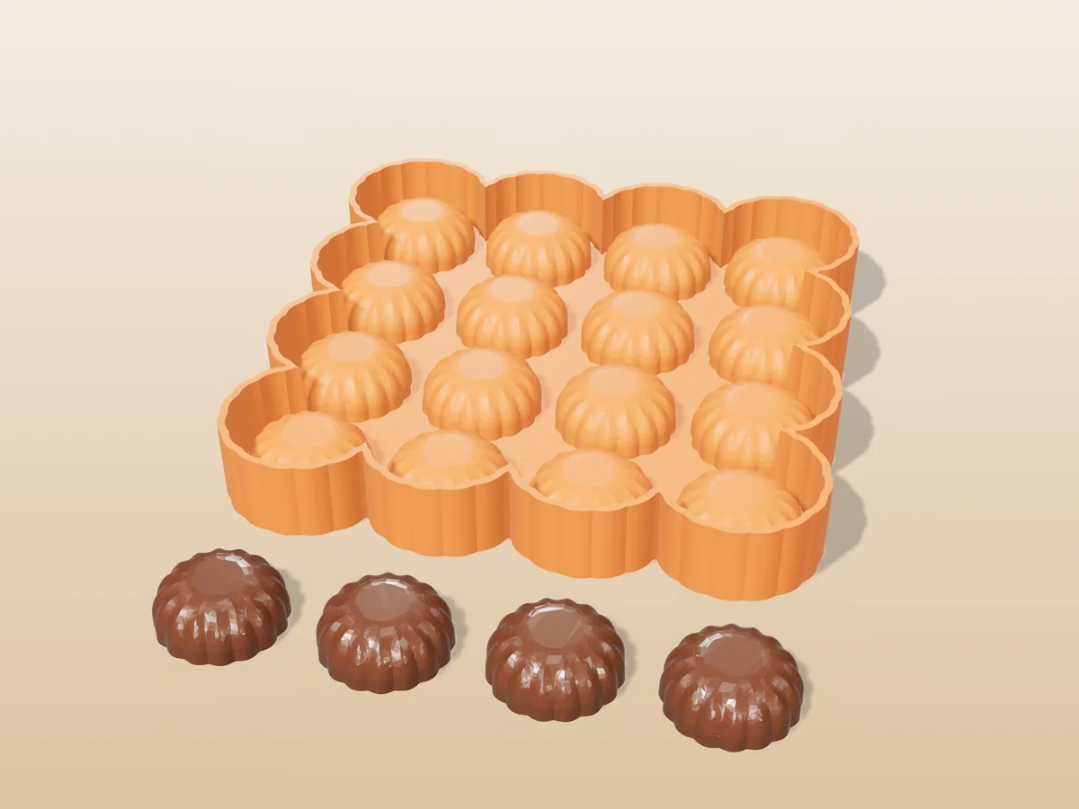 3D render of the printed caster for a sixteen-bonbon silicone chocolate tray, with four fluted chocolates in front