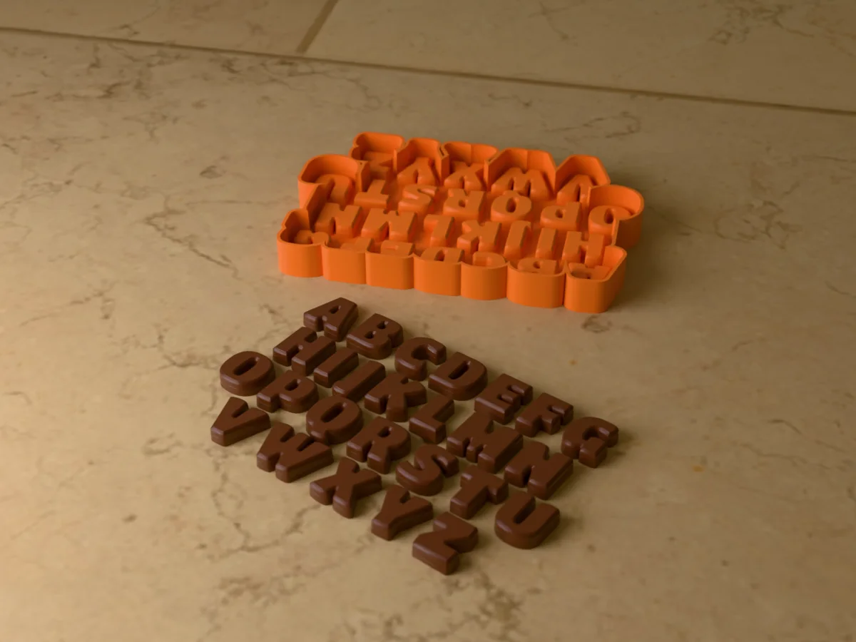 3D render of the printed caster for a silicone chocolate alphabet mold, with chocolate letters A to Z in front