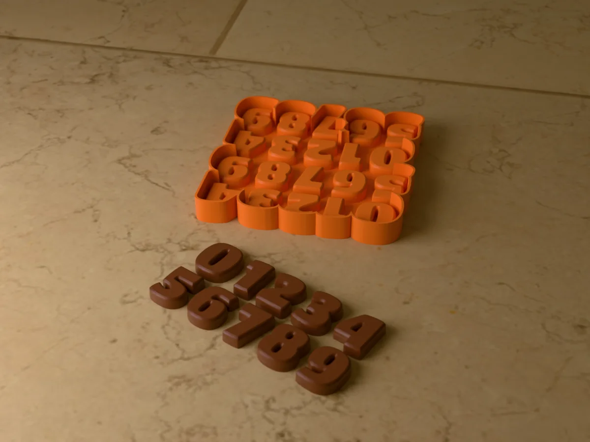 3D render of the printed caster for a silicone chocolate number mold with two sets of 0 to 9, with chocolate numbers in front