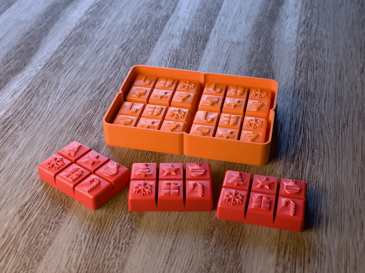 3D render of the printed caster for a four-bar silicone Christmas snap bar tray, with three red wax melt snap bars with tree, star, bauble, snowflake, gift and candy cane icons in front