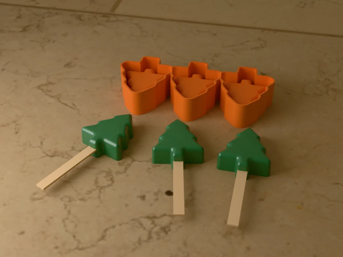 3D render of the printed caster for a three-cavity silicone Christmas tree cakesicle mold, with three green tree cakesicles on wooden sticks in front