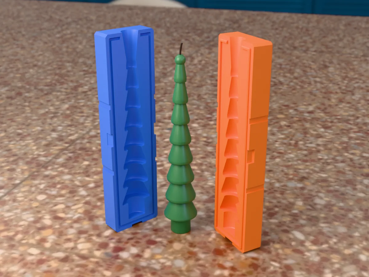 3D render of a green Christmas tree taper candle with eight stacked tiers between the two printed halves of its rigid two-part mold